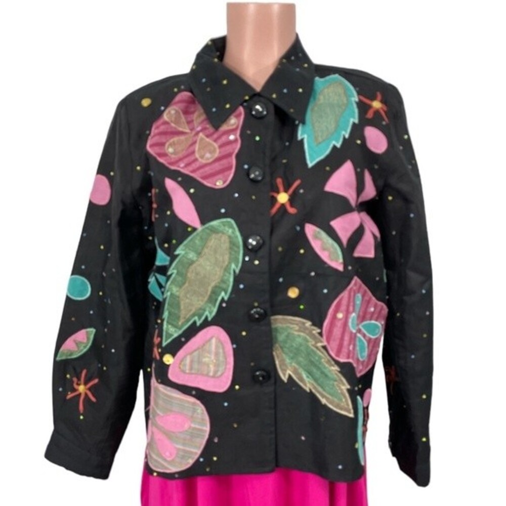 Sharon Anthony Art to Wear Silk Jacket with Fun Appliqué‎ Embroidery Size MEDIUM